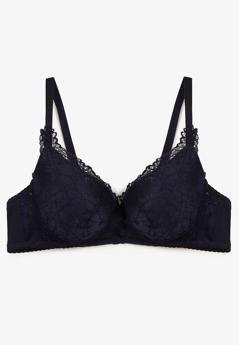 Granatowy Biustonosz z Usztywnianymi Miseczkami Ozdobione Koronką Pillnes