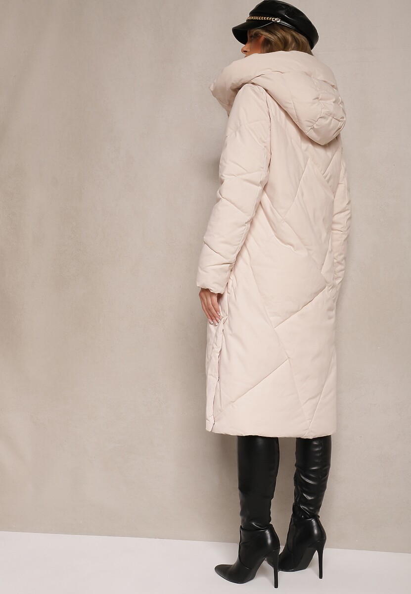 Jasnobeżowa Długa Kurtka z Pikowanymi Przeszyciami Kieszeniami i Kapturem Cemeriana