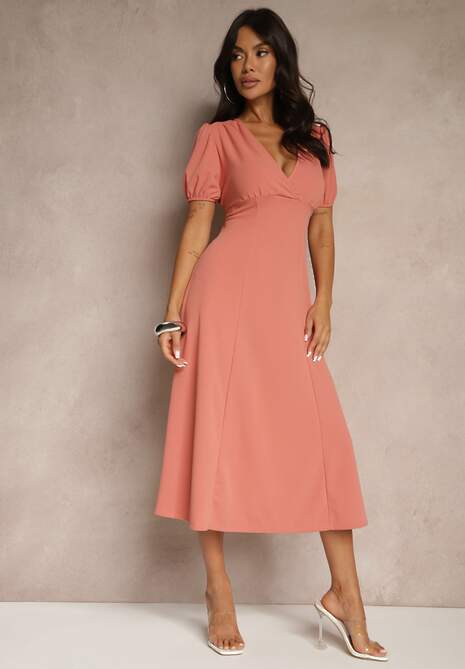 Pomarańczowa Rozkloszowana Sukienka Koktajlowa Ozdobiona Wiązaniem Ziverine