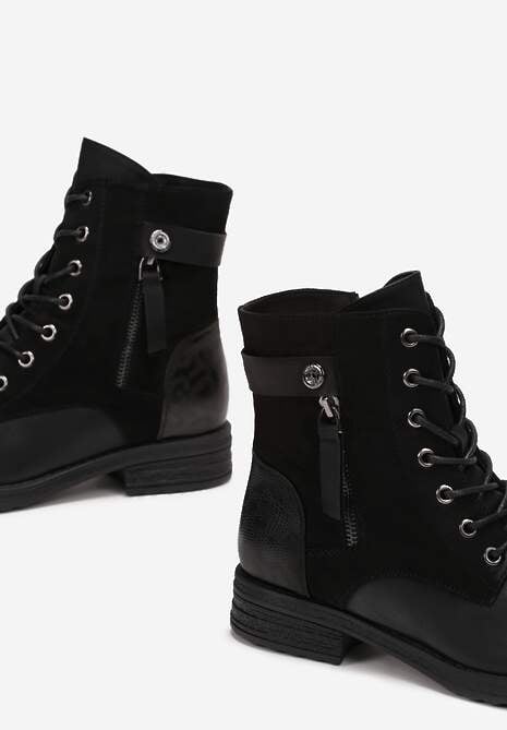 Czarne Botki Workery Ozdobione Suwakiem i Wstawkami z Imitacji Zamszu Esanotte