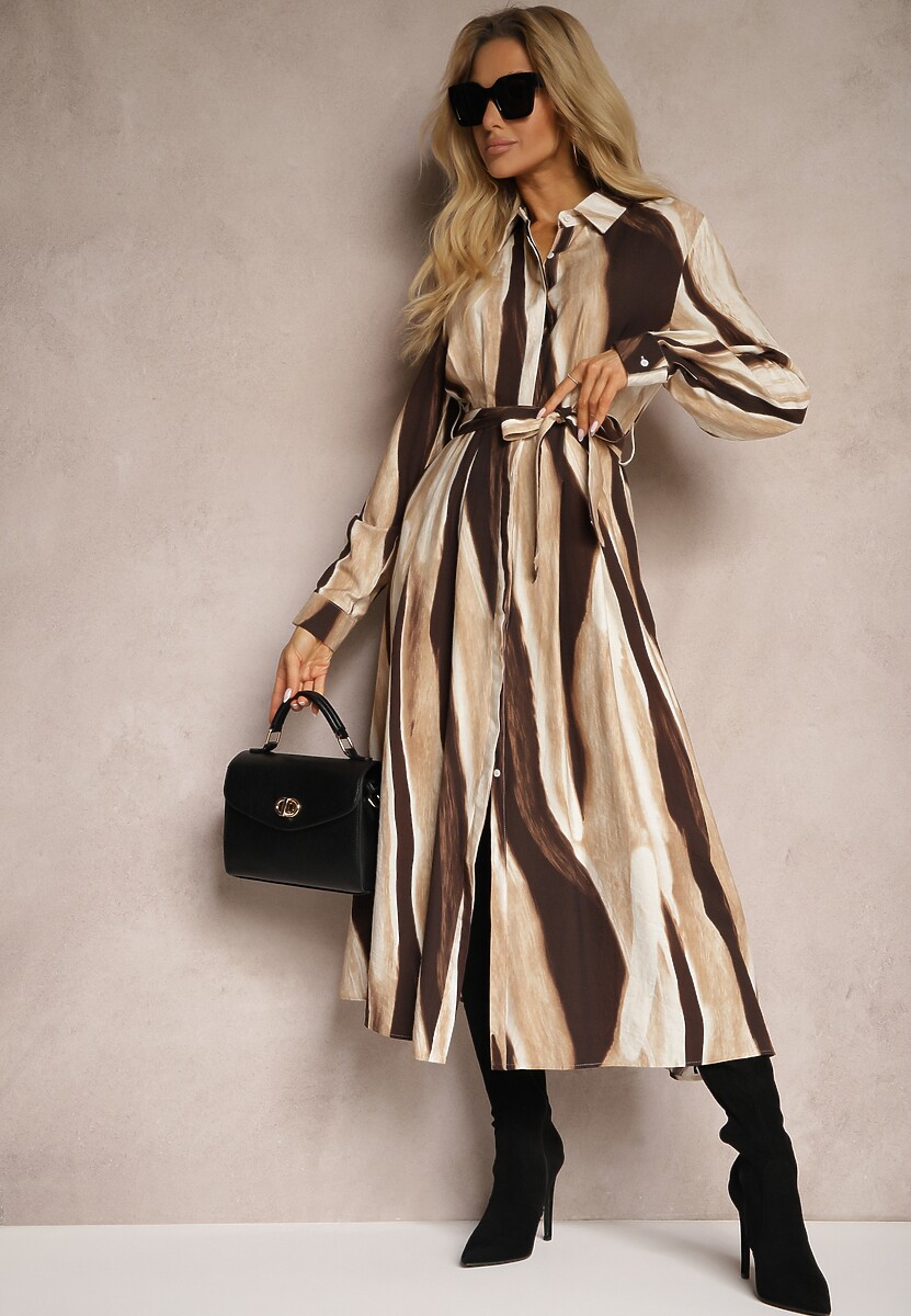 Brązowa Koszulowa Sukienka w Abstrakcyjne Paski o Długim Kroju z Gumką i Paskiem w Talii Nerithal