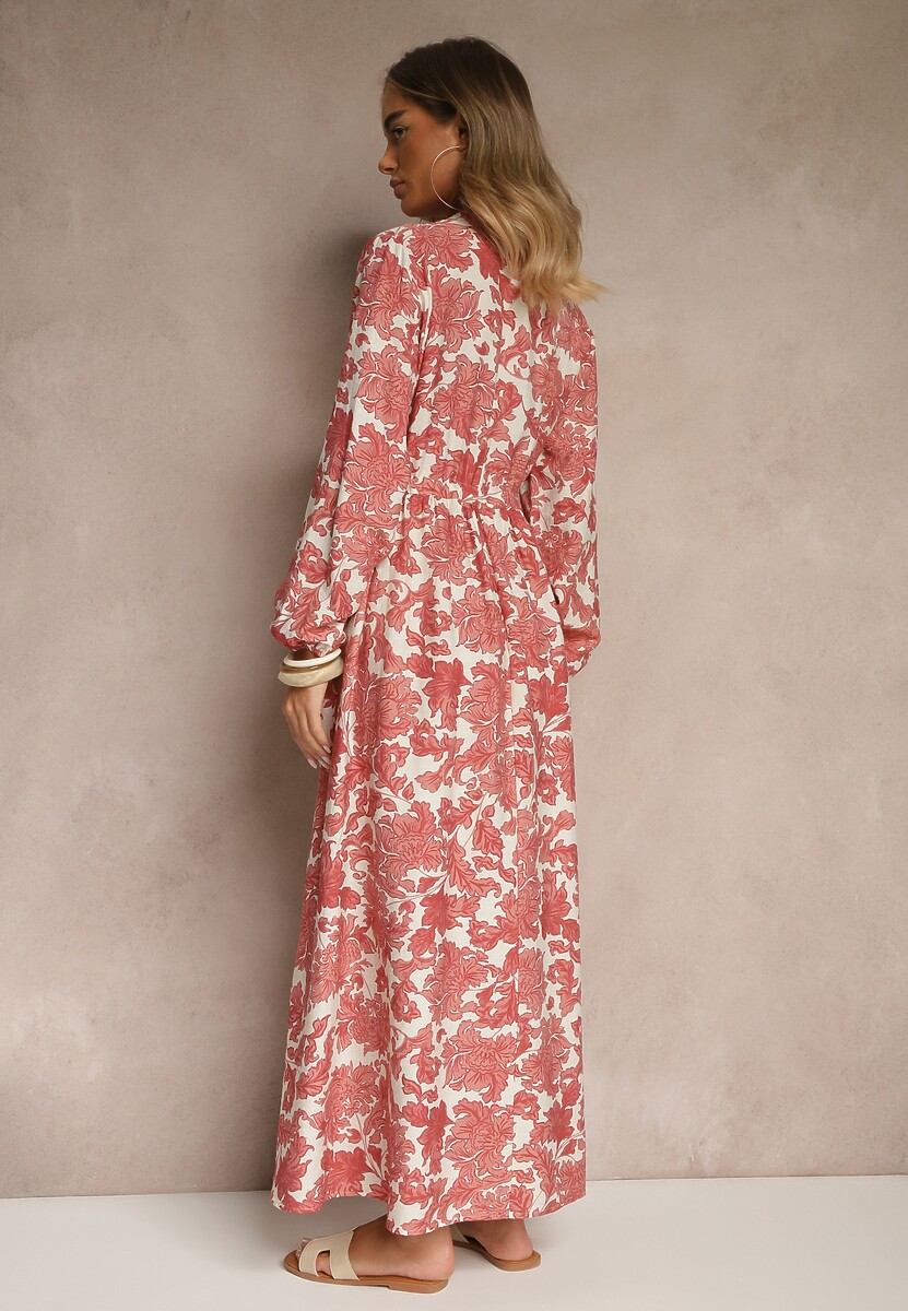 Różowa Kwiecista Sukienka z Wiskozą o Rozkloszowanym Kroju Filennea