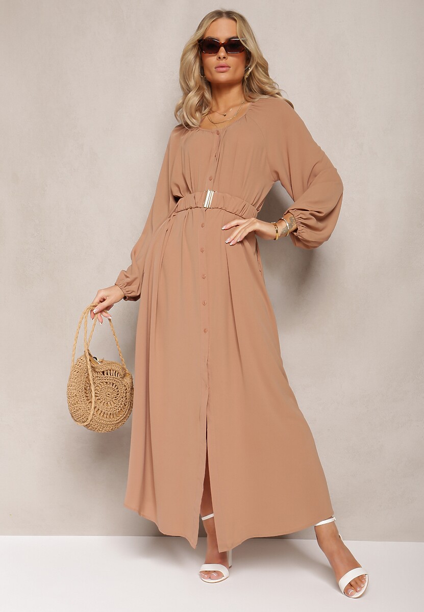 Jasnobrązowa Sukienka Maxi o Swobodnym Kroju z Guzikami i Paskiem z Metaliczną Klamrą Ferian