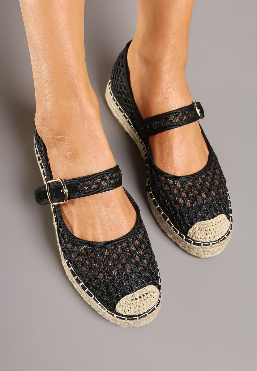 Czarne Siateczkowe Espadryle na Podeszwie z Juty Zapinane na Sprzączkę Geniffia