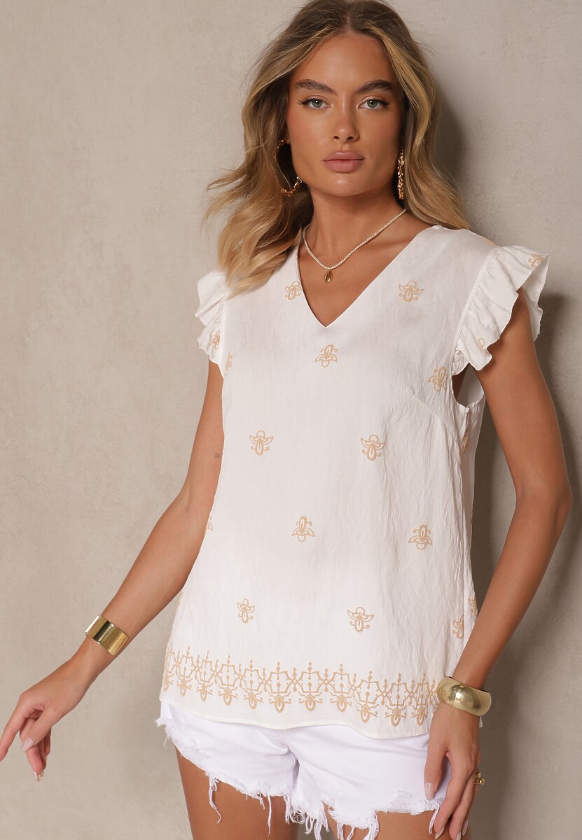 Biała Bluzka z Lnu i Wiskozy z Ozdobnym Haftem i Falbankami Nelivina