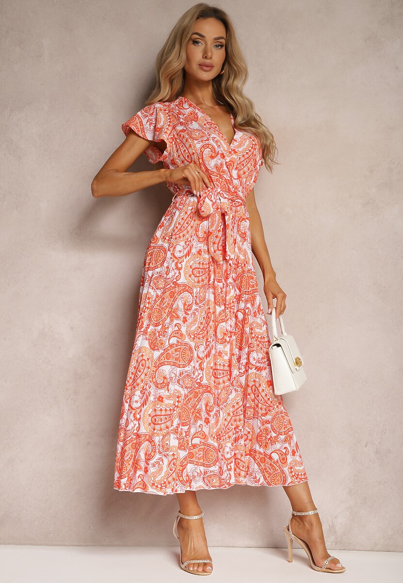Pomarańczowa Rozkloszowana Sukienka z Trójkątnym Dekoltem z Materiałowym Paskiem i Gumką w Talii Carimi