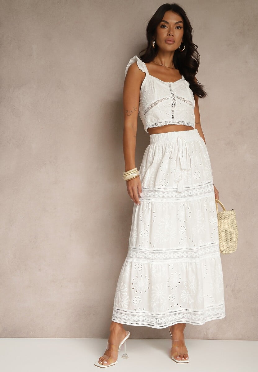 Biała Haftowana Bawełniana Spódnica Ozdobiona Chwostami Eleamelia