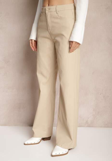 Beżowe Spodnie Woskowane o Szerokim Kroju High Waist Sezila