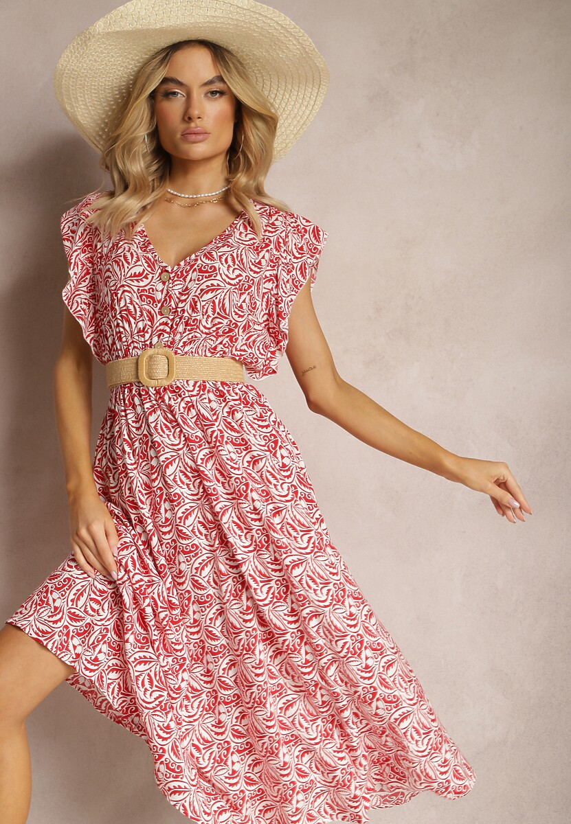 Czerwona Bawełniana Sukienka na Lato z Elastyczną Gumką w Pasie i Falbankami Przy Ramionach Jovenia