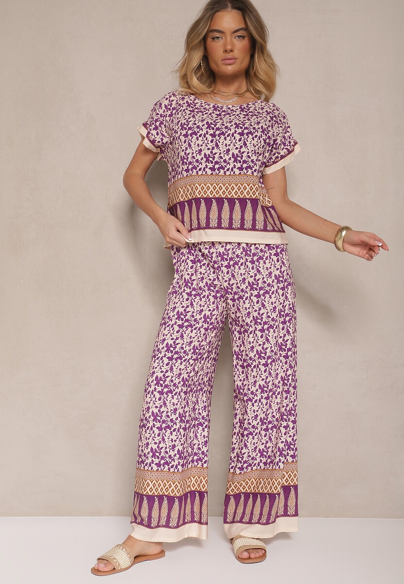 Fioletowy Komplet z Bawełny w Print Boho Szerokie Spodnie i Koszulka Telanitha