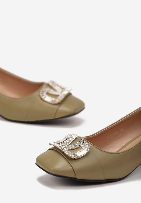 Zielone Czółenka z Klamrą na Froncie z Cyrkoniami na Słupku Lactis