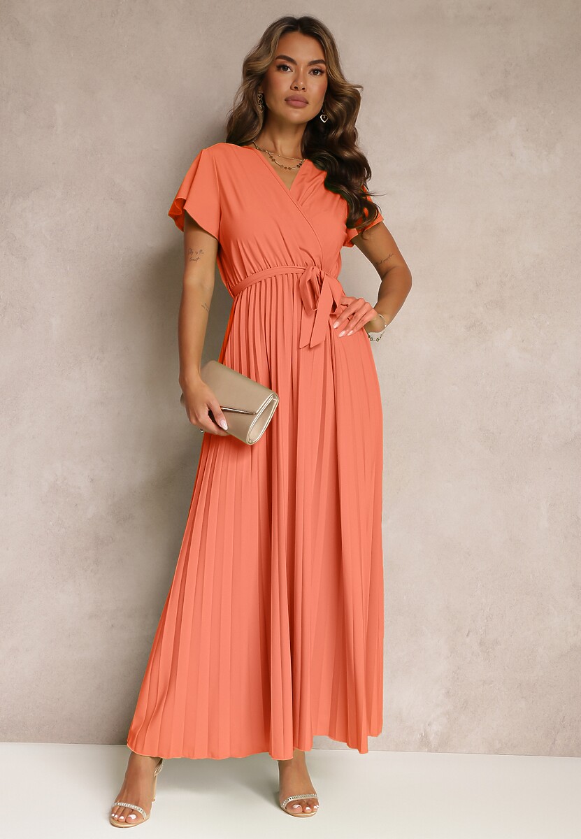 Pomarańczowa Koktajlowa Maxi Sukienka Ozdobiona Plisami z Trójkątnym Dekoltem i Wiązaniem w Talii Phoelia