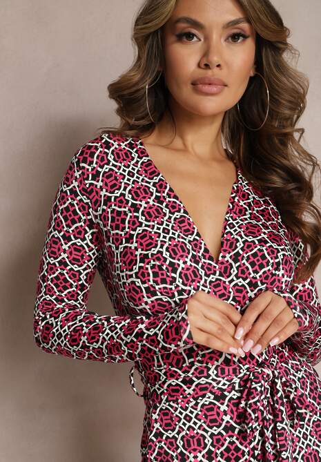 Fuksjowo-Czarny Kombinezon w Geometryczne Wzory z Szerokimi Nogawkami i Paskiem w Talii Soliti