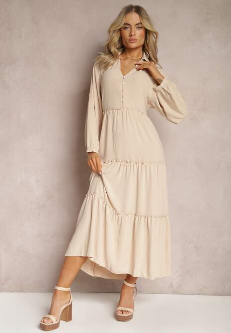 Beżowa Długa Sukienka z Koszulową Górą i Rozkloszowanym Odcinanym Dołem Iremita