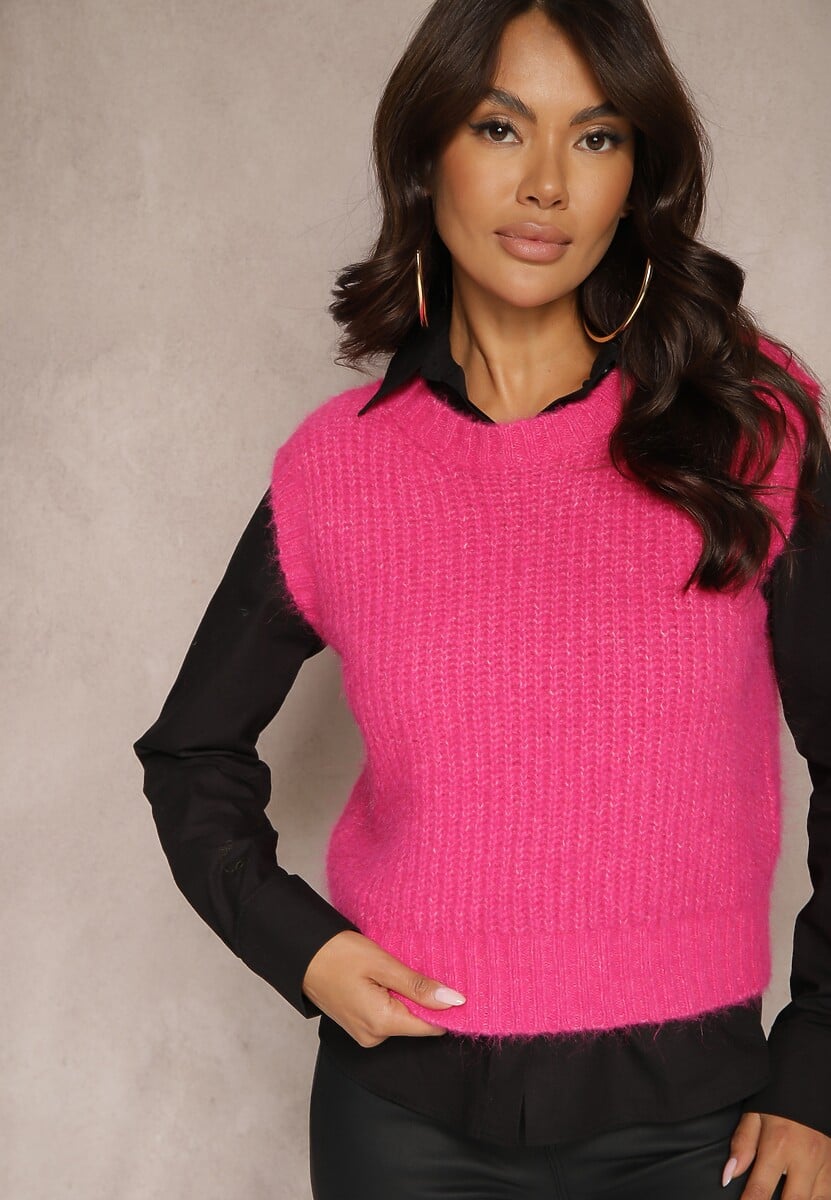 Bordowa Sweterkowa Kamizelka z Wełną z Prążkowanego Materiału Titheora