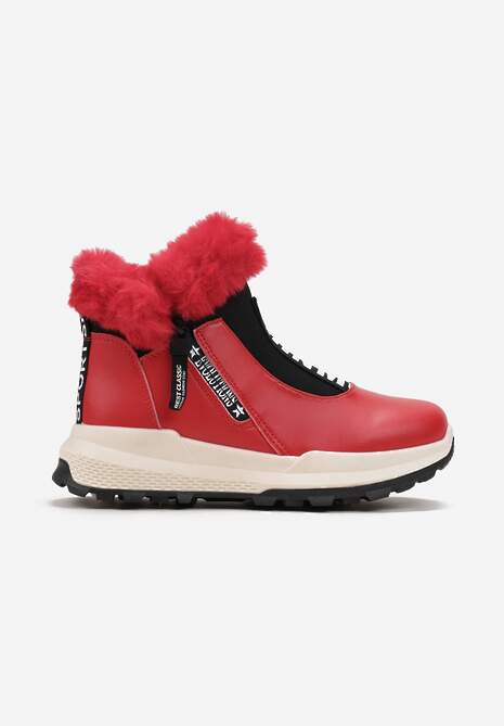 Czerwone Śniegowce za Kostkę z Nadrukiem i Futerkiem Glemenia