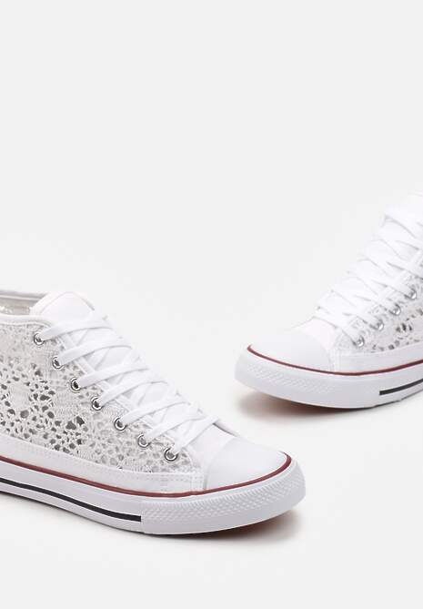 Białe Sznurowane Trampki Ozdobione Ażurowym Wzorem Bokra