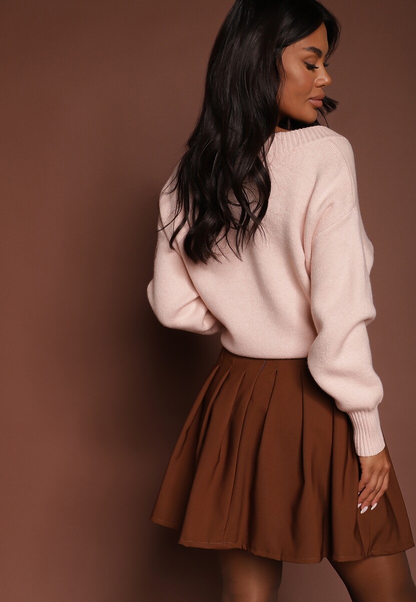 Brązowa Rozkloszowana Spódnica Mini z Zakładkami Plainnet