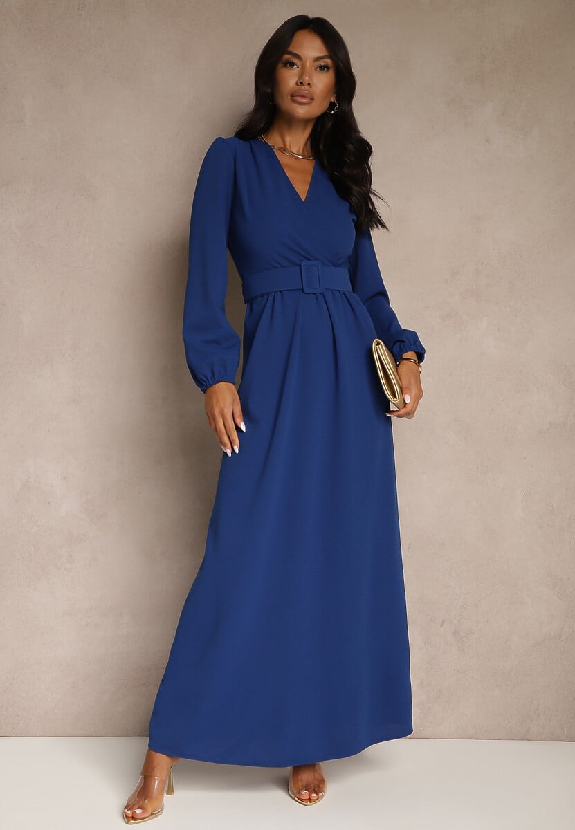 Niebieska Koktajlowa Sukienka o Rozkloszowanym Kroju z Ozdobnym Paskiem Feliera