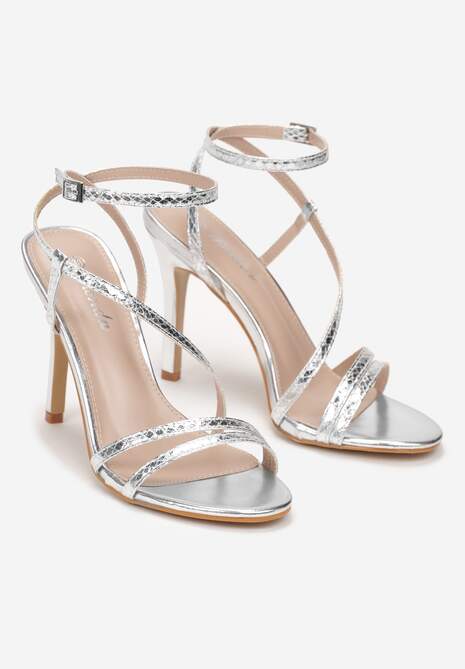 Srebrne Metaliczne Sandały na Szpilce z Cienkimi Paskami z Ozdobnym Tłoczeniem Stacia