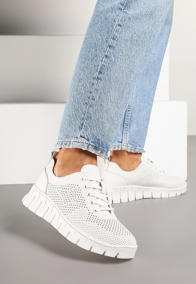 Białe Sneakersy ze Skóry Naturalnej ze Skórzaną Wkładką i Perforacją Nolzedis