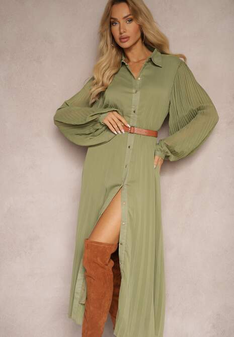 Zielona Koszulowa Sukienka z Plisami i Dodatkowym Paskiem Miarosea