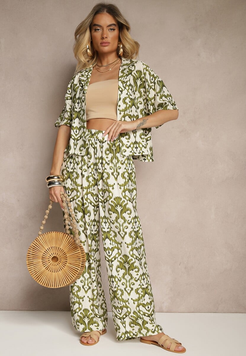 Ciemnozielony Wiskozowy Komplet w Ornamentalny Print Koszula i Szerokie Spodnie Sarilsa