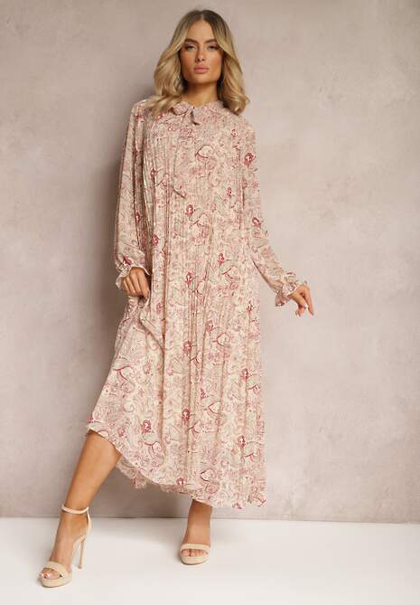 Jasnobeżowa Rozkloszowana Sukienka z Wiązaniem przy Szyi w Print Paisley Clarosa