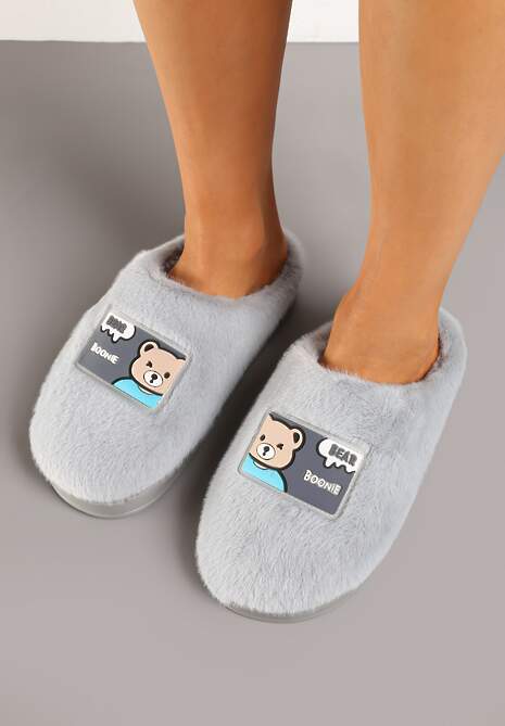 Szare Futrzane Kapcie Vices na Platformie Ozdobione Naszywką Deofra