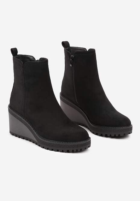Czarne Casualowe Botki na Koturnie z Lekkim Ociepleniem Tarlitha