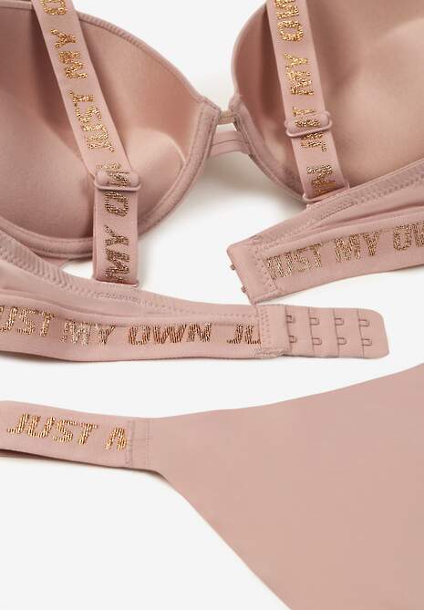 Ciemnoróżowy Komplet Ozdobiony Napisami z Biustonoszem z Efektem Push-Up i Majtkami Bralicia