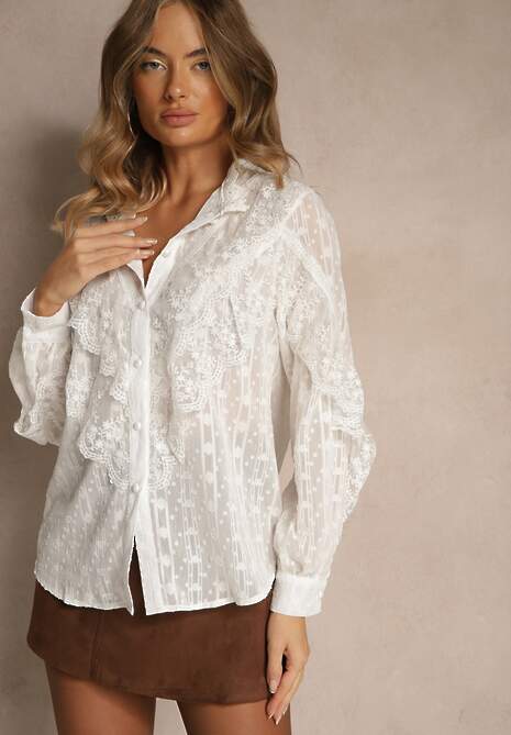 Biała Koronkowa Koszula z Błyszczącą Nitką i Siateczką Navies