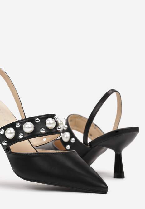 Czarne Wsuwane Sandały na Szpilce z Ozdobnym Paskiem z Perłami Elisma