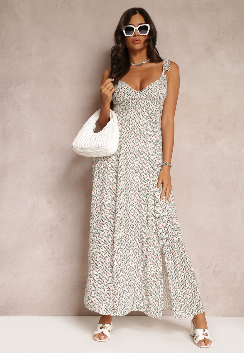 Zielono-Biała Rozkloszowana Sukienka Maxi z Ozdobnymi Ramiączkami i Głębokim Dekoltem z Wiskozy Jesa