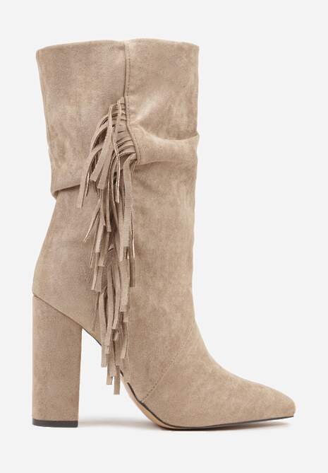Ciemnobeżowe Botki Kowbojki na Słupku z Frędzlami Reisetia