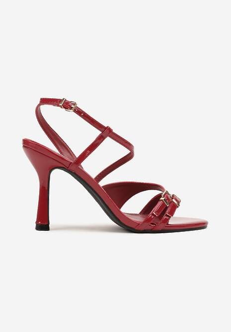Czerwone Sandały na Obcasie Zdobione Skośnym Paskiem i Klamerkami Mallunea