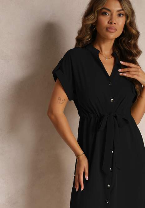 Czarna Sukienka Koszulowa z Krótkim Rękawem Yasminine