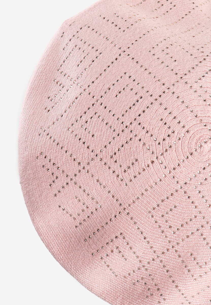 Jasnoróżowa Czapka Beret z Geometrycznym Wzorem z Cyrkoniami Holindia