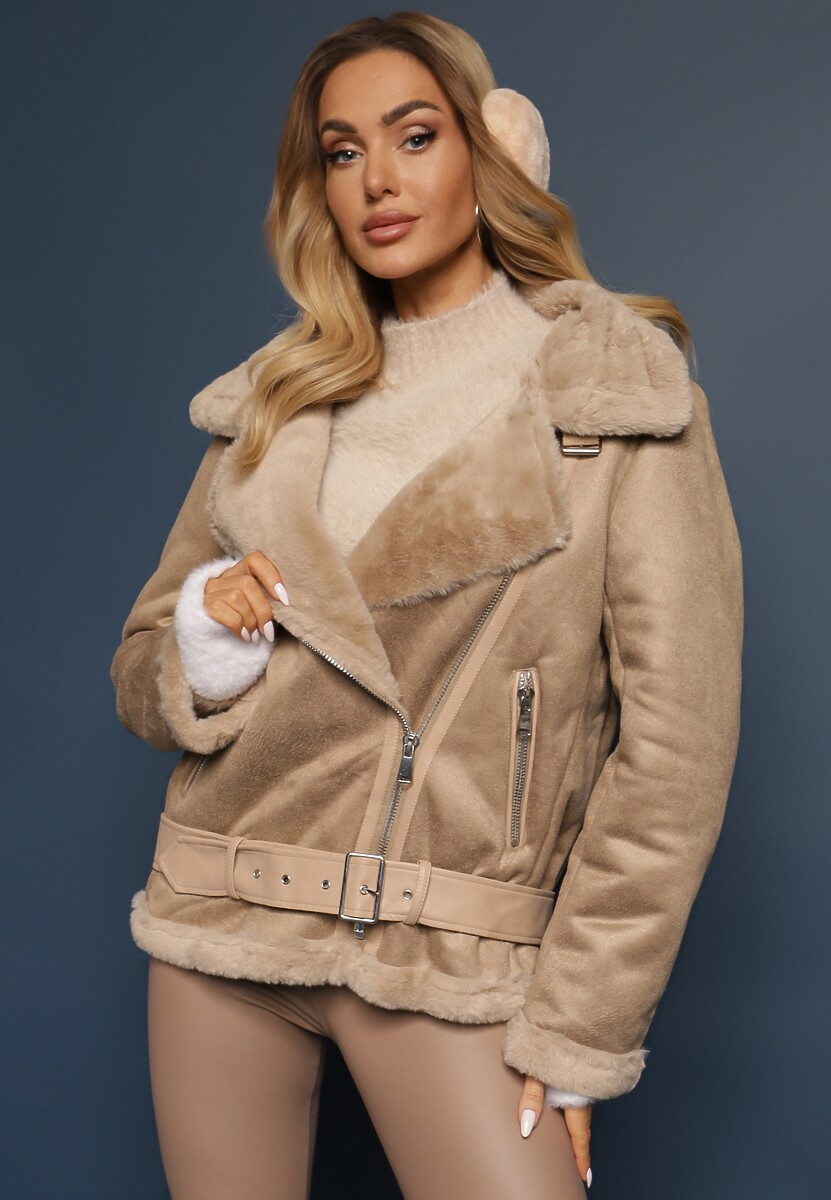 Beżowa Kurtka Biker z Ozdobnym Futerkiem i Paskiem z Klamrą Emaro