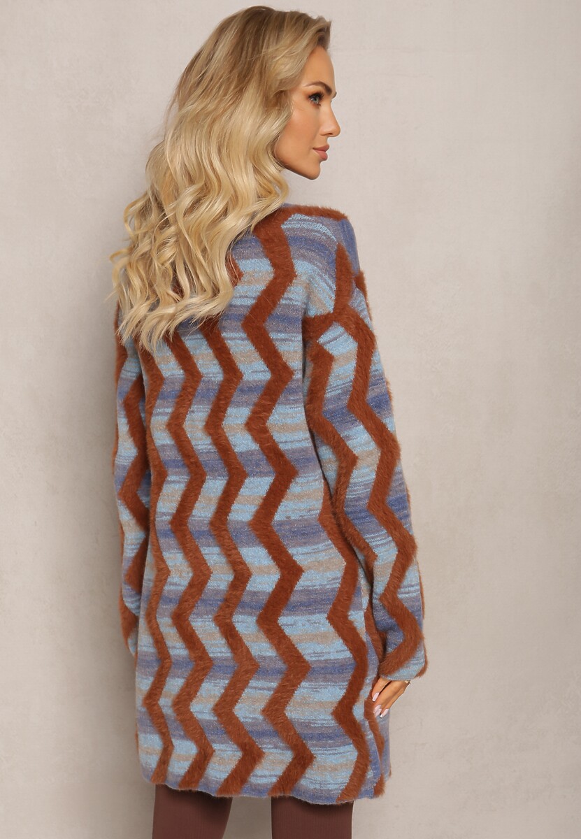 Niebiesko-Brązowy Luźny Kardigan Niezapinany w Geometryczny Print Sheshy