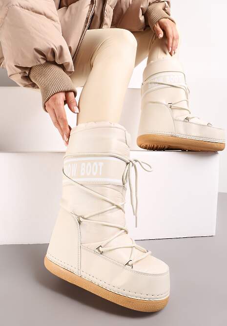 Beżowe Wsuwane Śniegowce na Platformie z Długą Cholewką Hearna