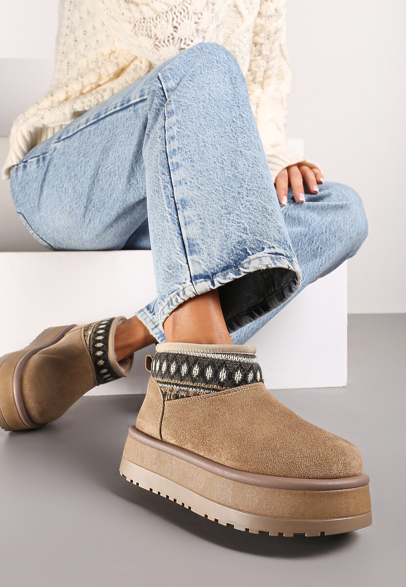 Beżowe Śniegowce na Wysokiej Platformie Ozdobione Wzorzystą Wstawką Sinalora