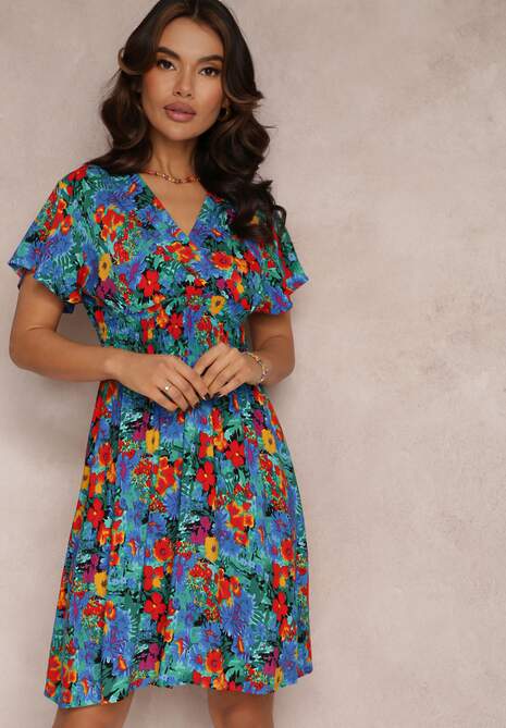 Niebieska Krótka Sukienka w Kwiaty z Szeroką Gumką w Pasie Meles