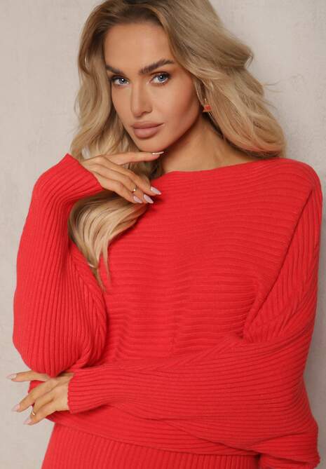 Czerwony Komplet z Wiskozą w Prążki Spódnica z Gumką w Pasie i Góra o Kroju Nietoperza Korttisa