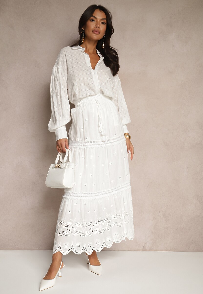 Biała Rozkloszowana Haftowana Spódnica Noreris