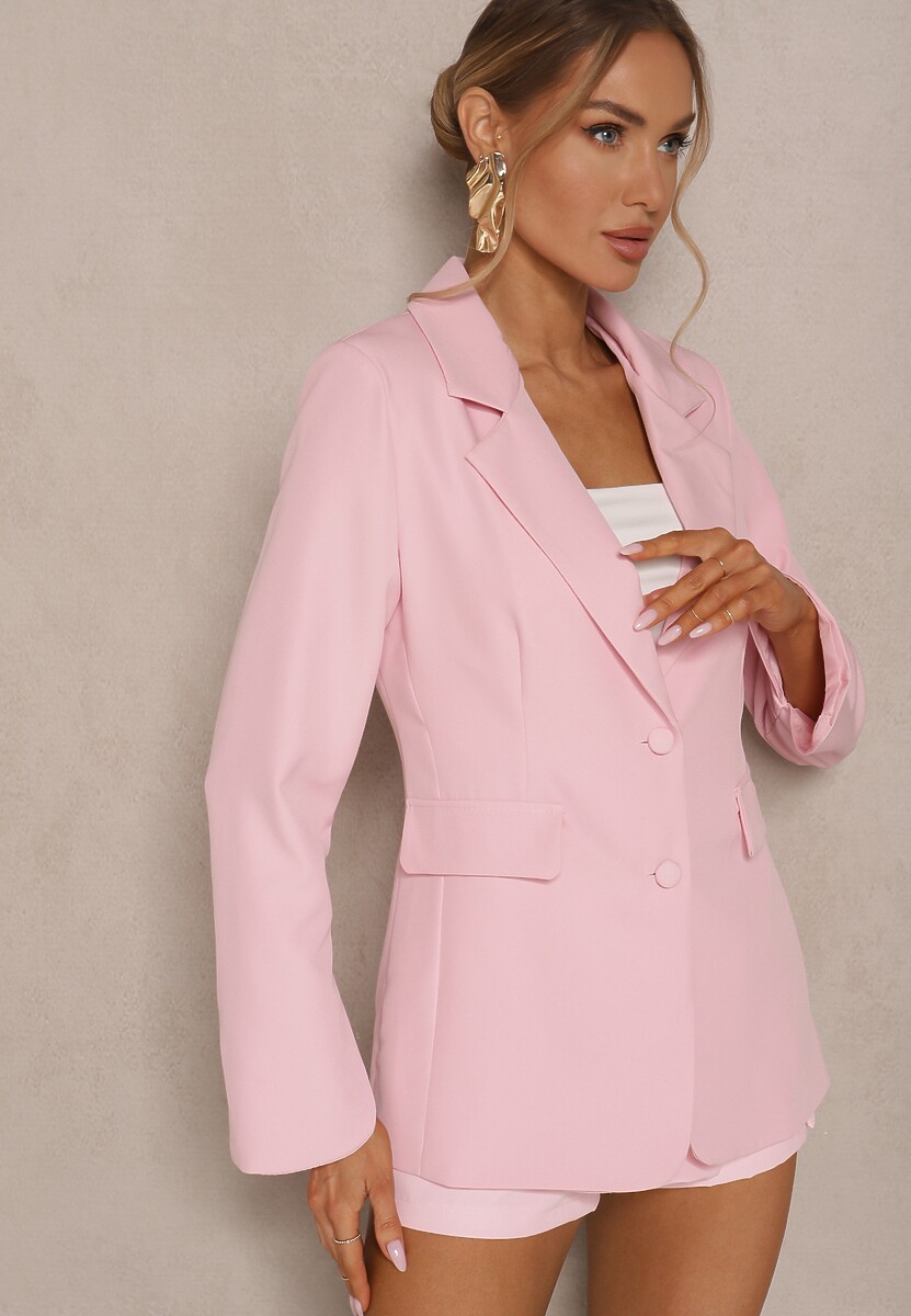 Różowa Marynarka z Usztywnionymi Ramionami i Imitacją Kieszeni Halonia