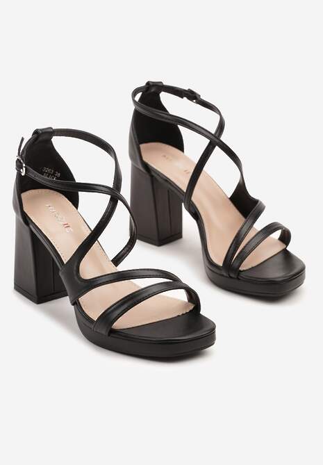 Czarne Sandały na Słupku Ozdobione Geometrycznymi Paskami Lurisse