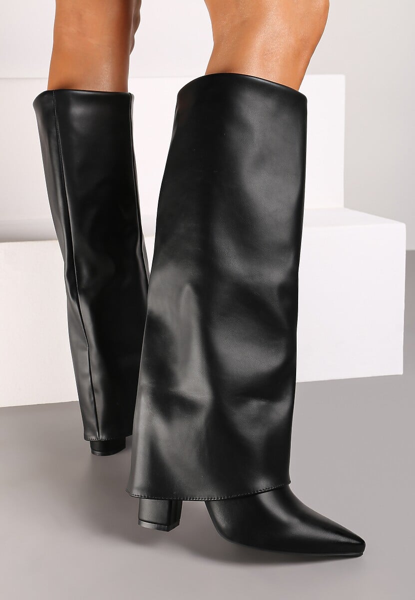 Czarne Kozaki na Słupku Ozdobione Wywiniętą Cholewką Heslia