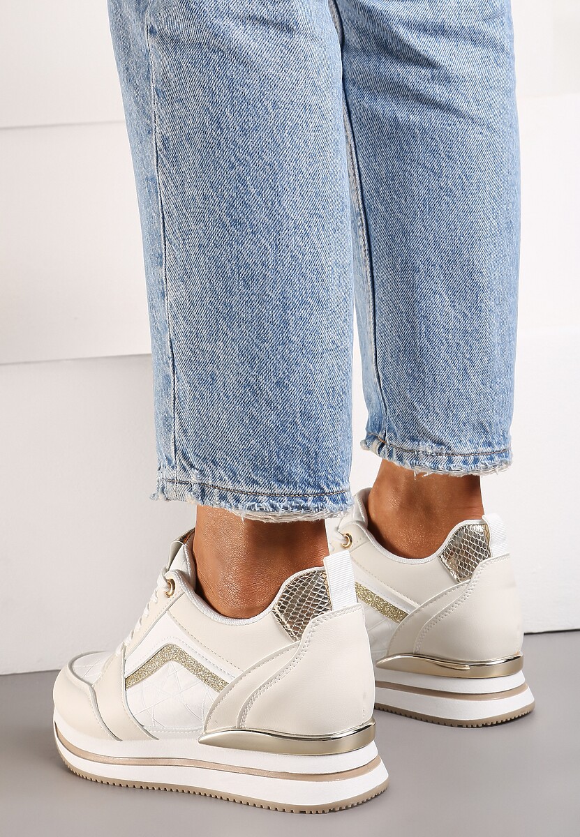 Beżowe Sneakersy na Ukrytym Koturnie Ozdobione Brokatem i Metaliczną Wstawką Infora