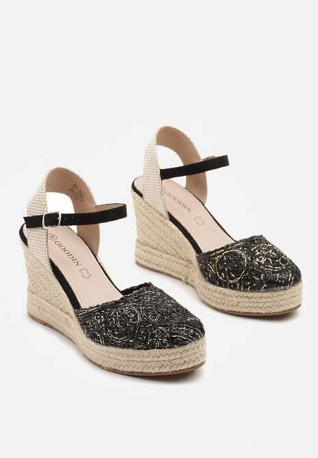 Czarne Sandały Boho na Plecionym Koturnie z Wkładką ze Skóry Naturalnej Maniffia